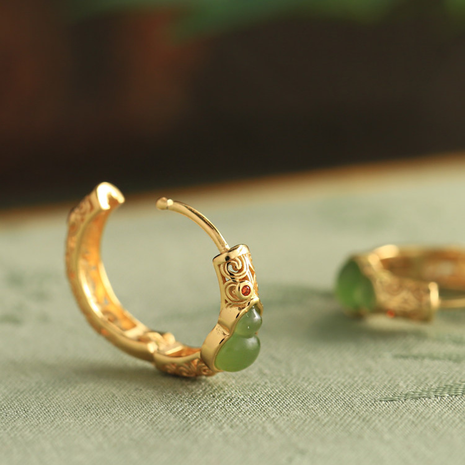 Hetian Jade (Nephrite) & Jasper Gourd Earrings — Sterling Silver with Gold-Inlaid Jade BG0019