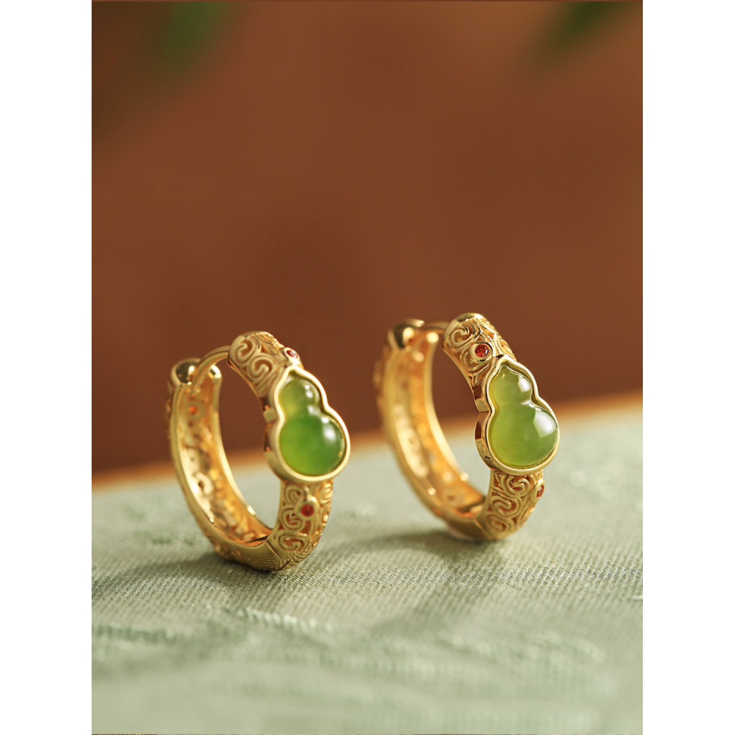 Hetian Jade (Nephrite) & Jasper Gourd Earrings — Sterling Silver with Gold-Inlaid Jade BG0019