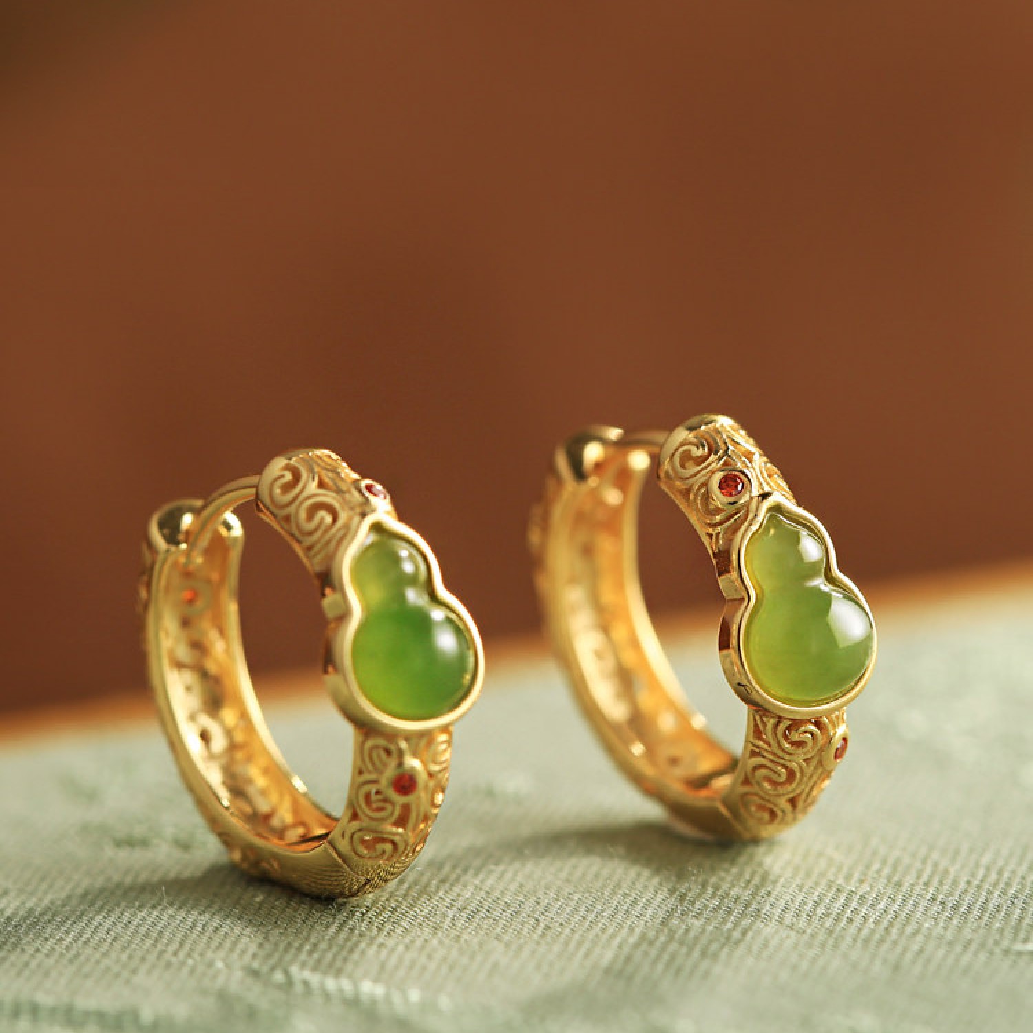 Hetian Jade (Nephrite) & Jasper Gourd Earrings — Sterling Silver with Gold-Inlaid Jade BG0019