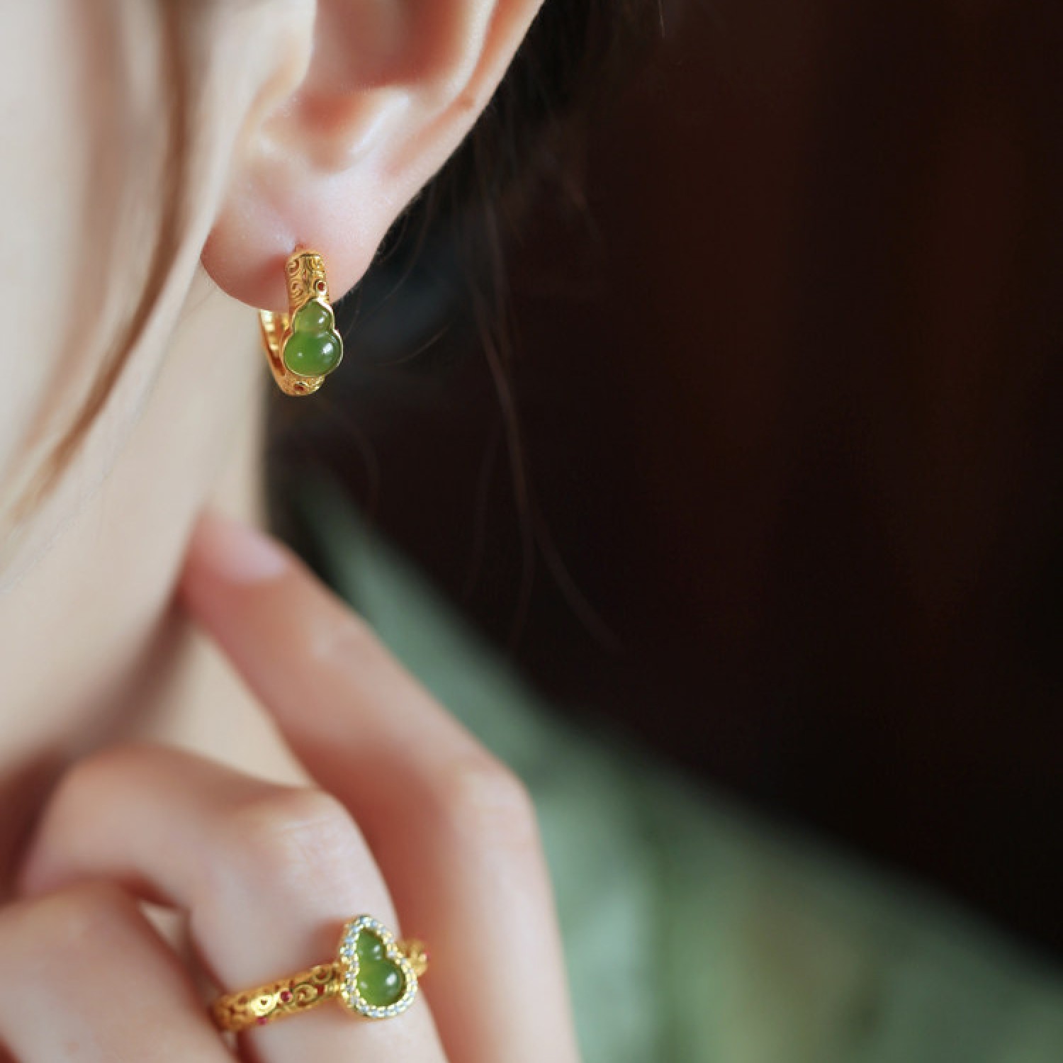 Hetian Jade (Nephrite) & Jasper Gourd Earrings — Sterling Silver with Gold-Inlaid Jade BG0019