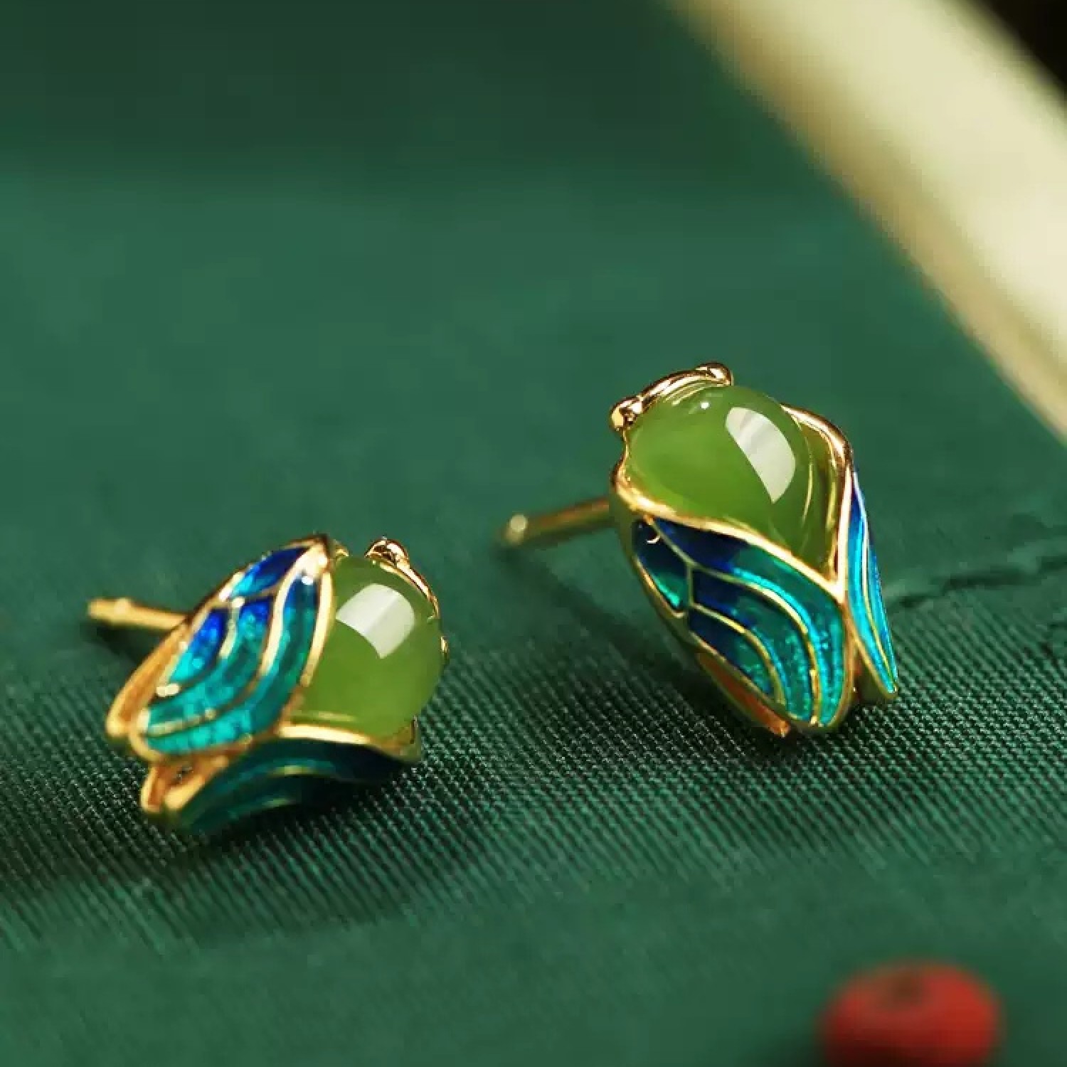 Hetian Jade (Nephrite) & Pure Silver Enamel Golden Cicada Stud Earrings BG0018