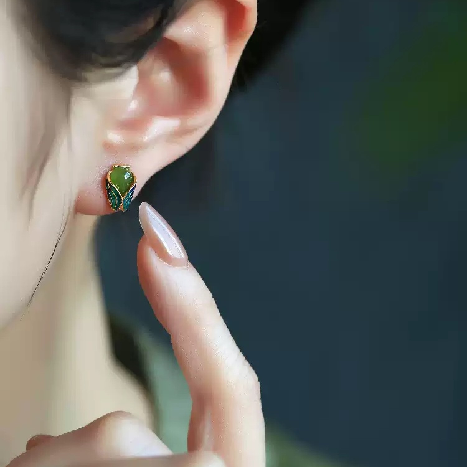 Hetian Jade (Nephrite) & Pure Silver Enamel Golden Cicada Stud Earrings BG0018