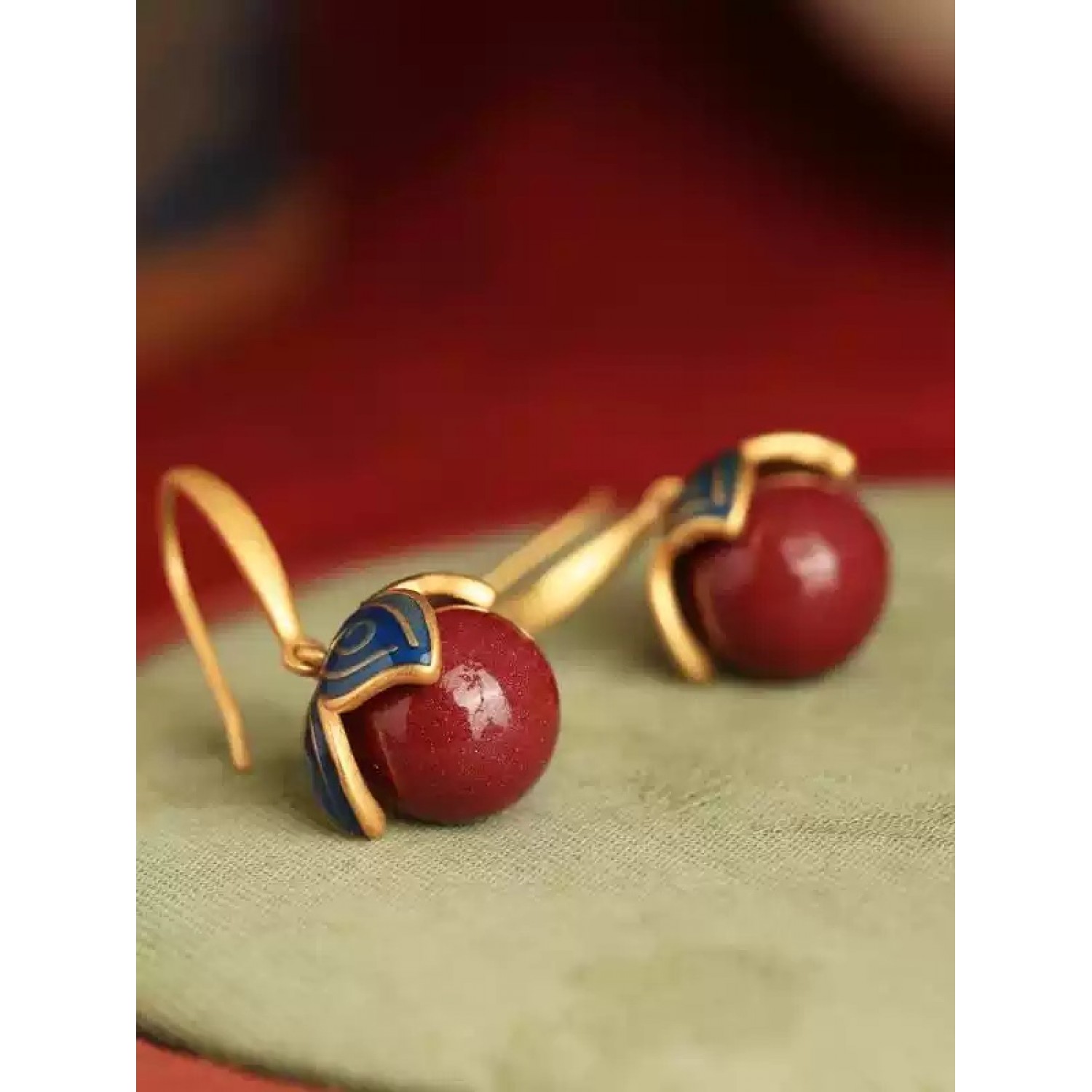 Women's Cinnabar and Sterling Silver Earrings — Traditional Chinese Style (Red) BG0017