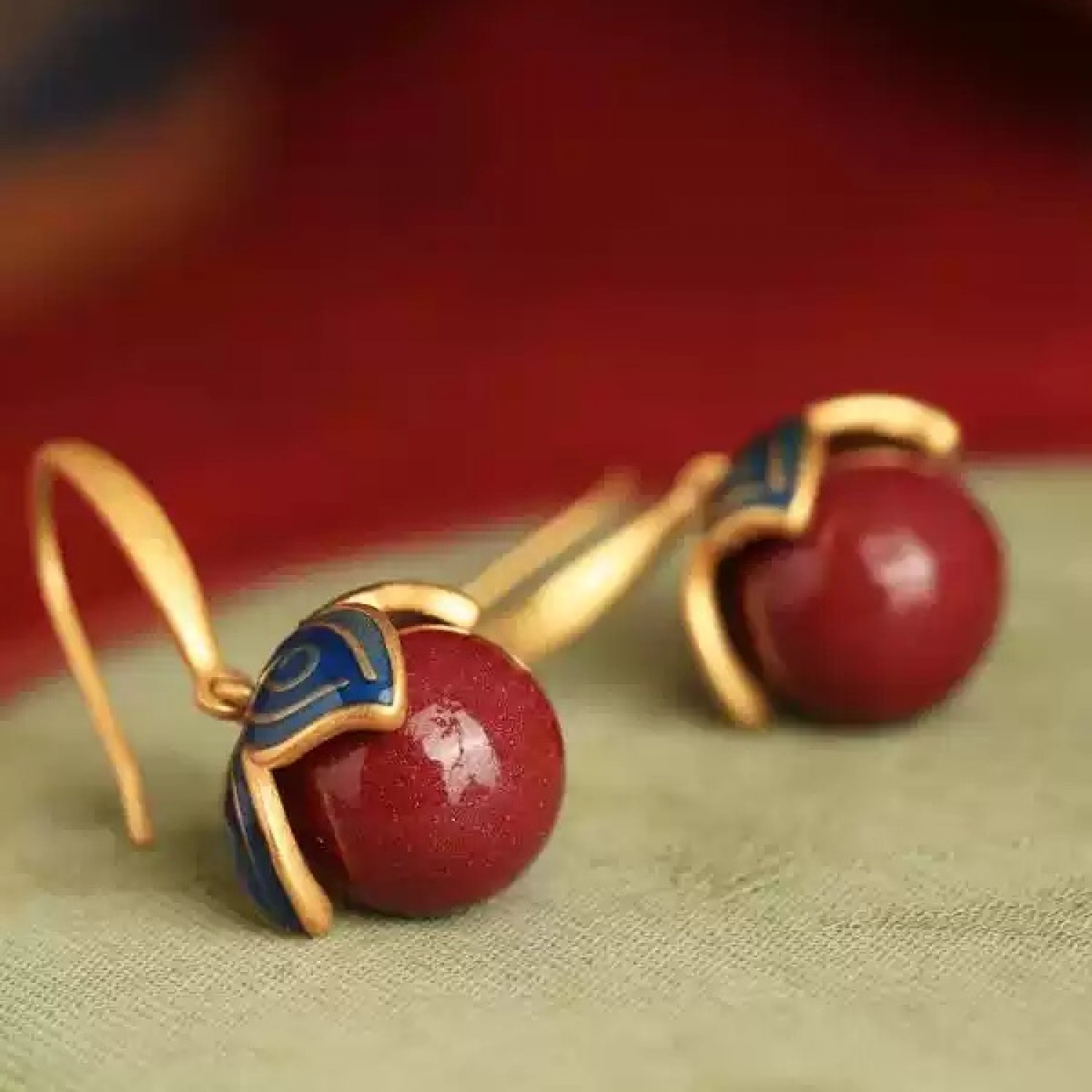 Women's Cinnabar and Sterling Silver Earrings — Traditional Chinese Style (Red) BG0017